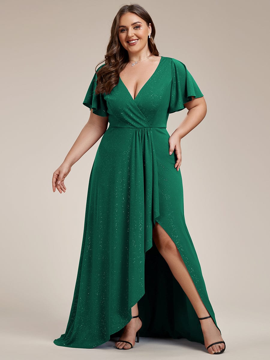 Elegant Plus-Size Shimmering Evening Gown with Split High-Low Hem and Ruffle Sleeves - Image 16