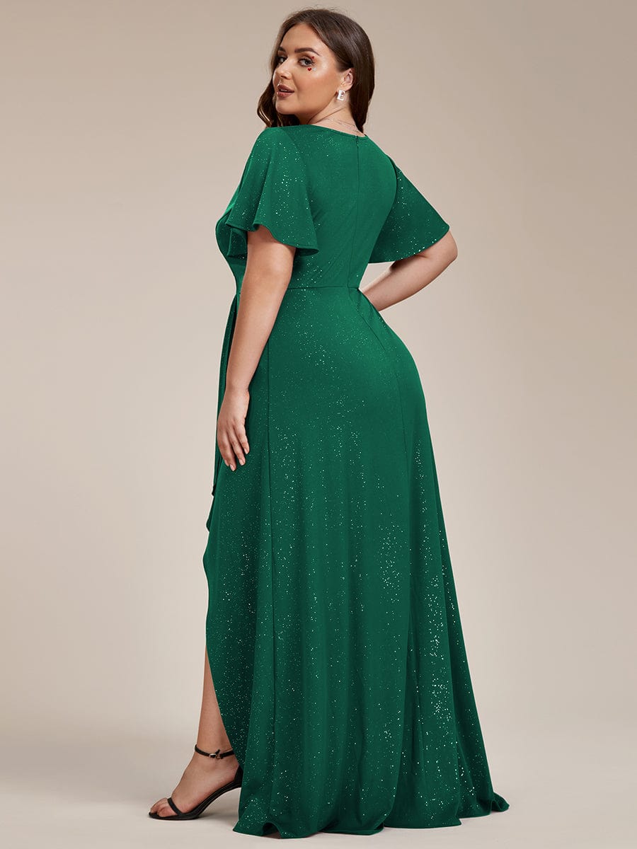 Elegant Plus-Size Shimmering Evening Gown with Split High-Low Hem and Ruffle Sleeves - Image 18