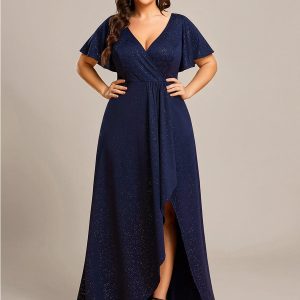 Elegant Plus-Size Shimmering Evening Gown with Split High-Low Hem and Ruffle Sleeves