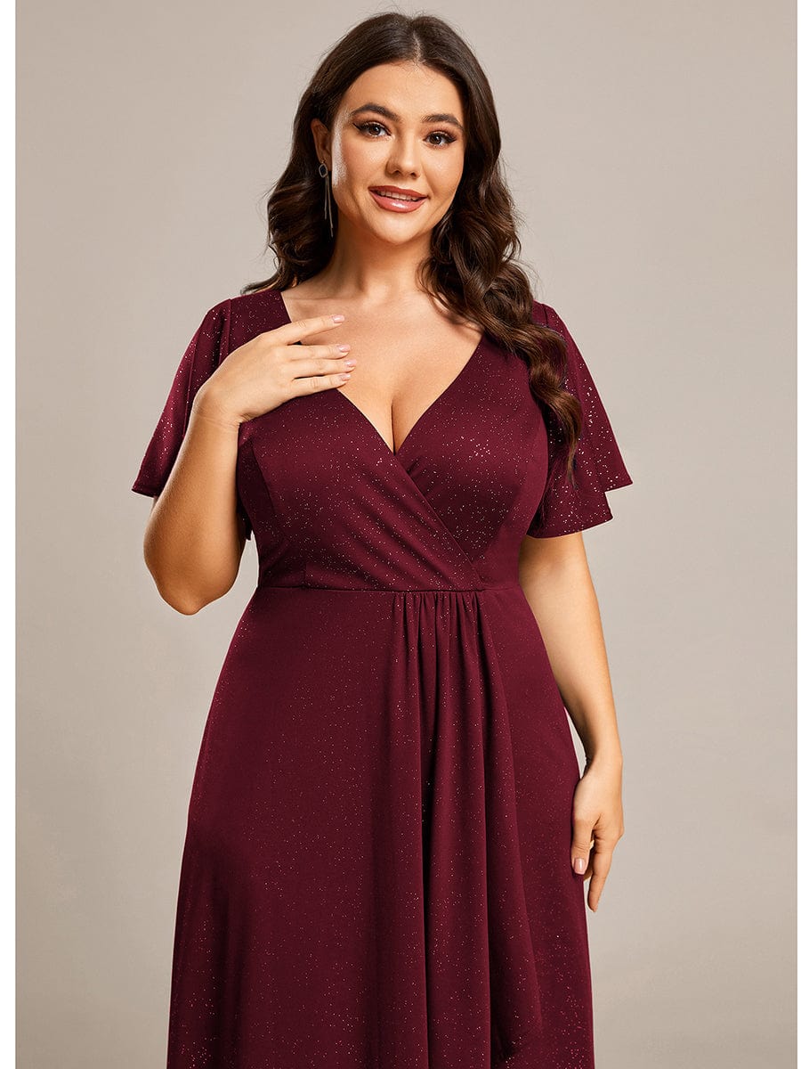 Elegant Plus-Size Shimmering Evening Gown with Split High-Low Hem and Ruffle Sleeves - Image 15