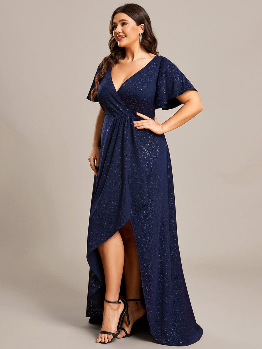 Elegant Plus-Size Shimmering Evening Gown with Split High-Low Hem and Ruffle Sleeves - Image 3