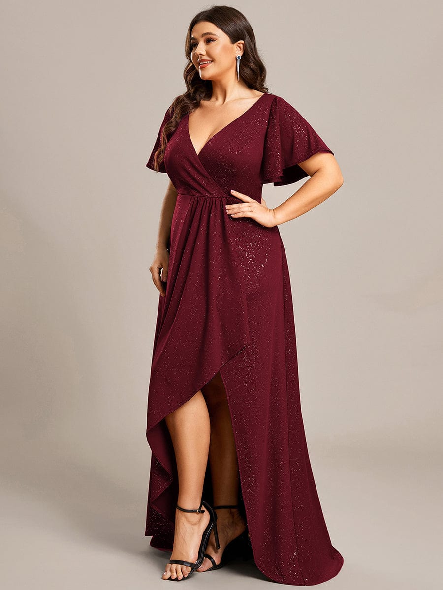 Elegant Plus-Size Shimmering Evening Gown with Split High-Low Hem and Ruffle Sleeves - Image 13