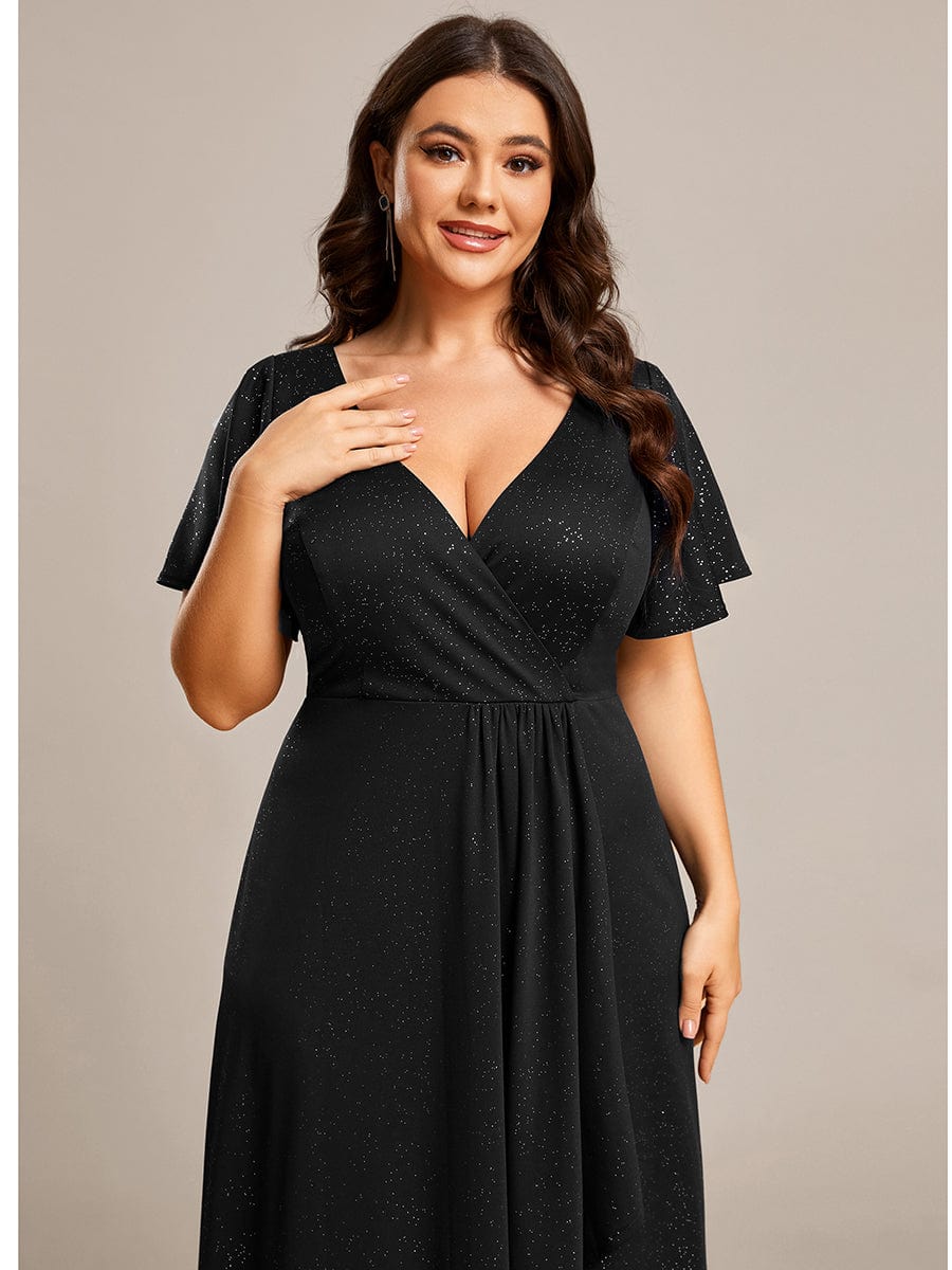 Elegant Plus-Size Shimmering Evening Gown with Split High-Low Hem and Ruffle Sleeves - Image 11