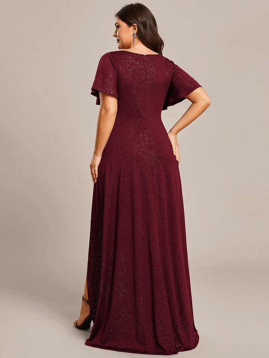 Elegant Plus-Size Shimmering Evening Gown with Split High-Low Hem and Ruffle Sleeves - Image 12