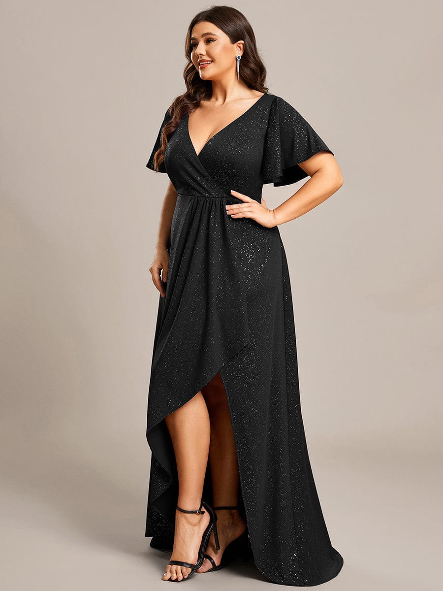 Elegant Plus-Size Shimmering Evening Gown with Split High-Low Hem and Ruffle Sleeves - Image 8