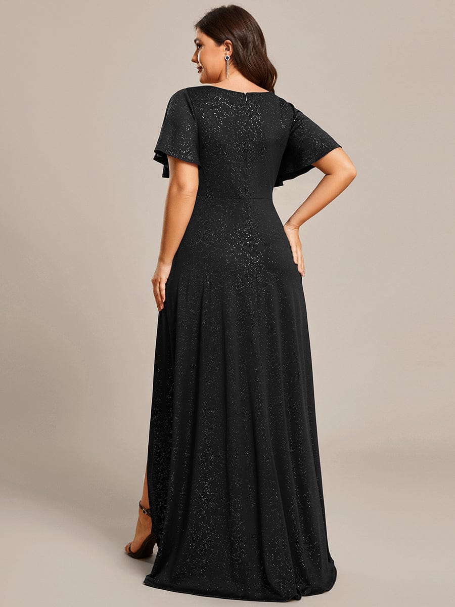 Elegant Plus-Size Shimmering Evening Gown with Split High-Low Hem and Ruffle Sleeves - Image 7