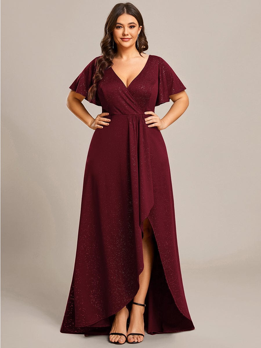 Elegant Plus-Size Shimmering Evening Gown with Split High-Low Hem and Ruffle Sleeves - Image 10