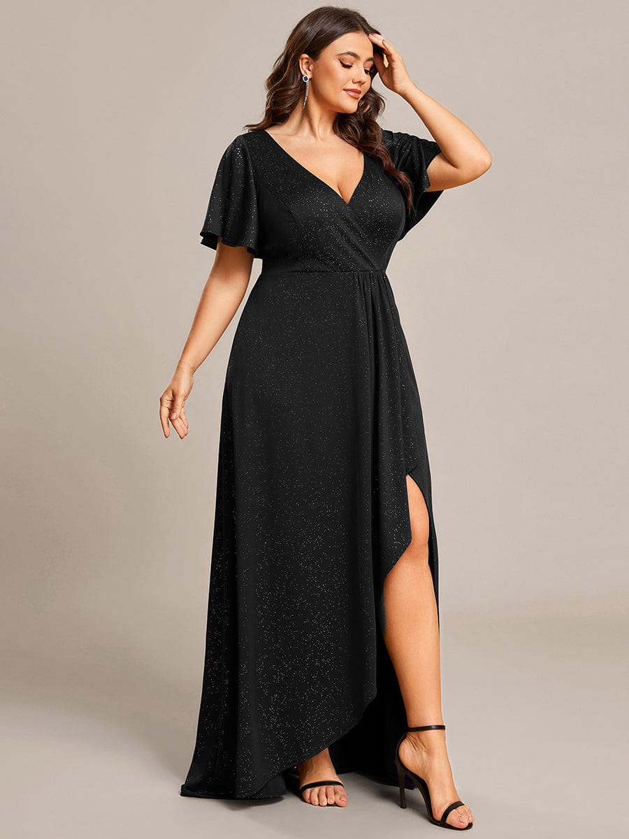 Elegant Plus-Size Shimmering Evening Gown with Split High-Low Hem and Ruffle Sleeves - Image 9