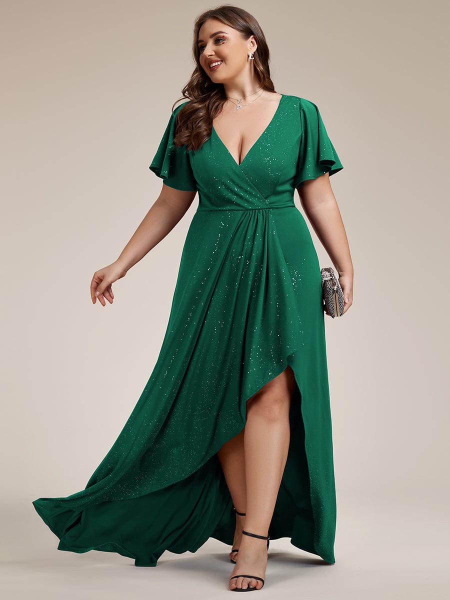 Elegant Plus-Size Shimmering Evening Gown with Split High-Low Hem and Ruffle Sleeves - Image 17