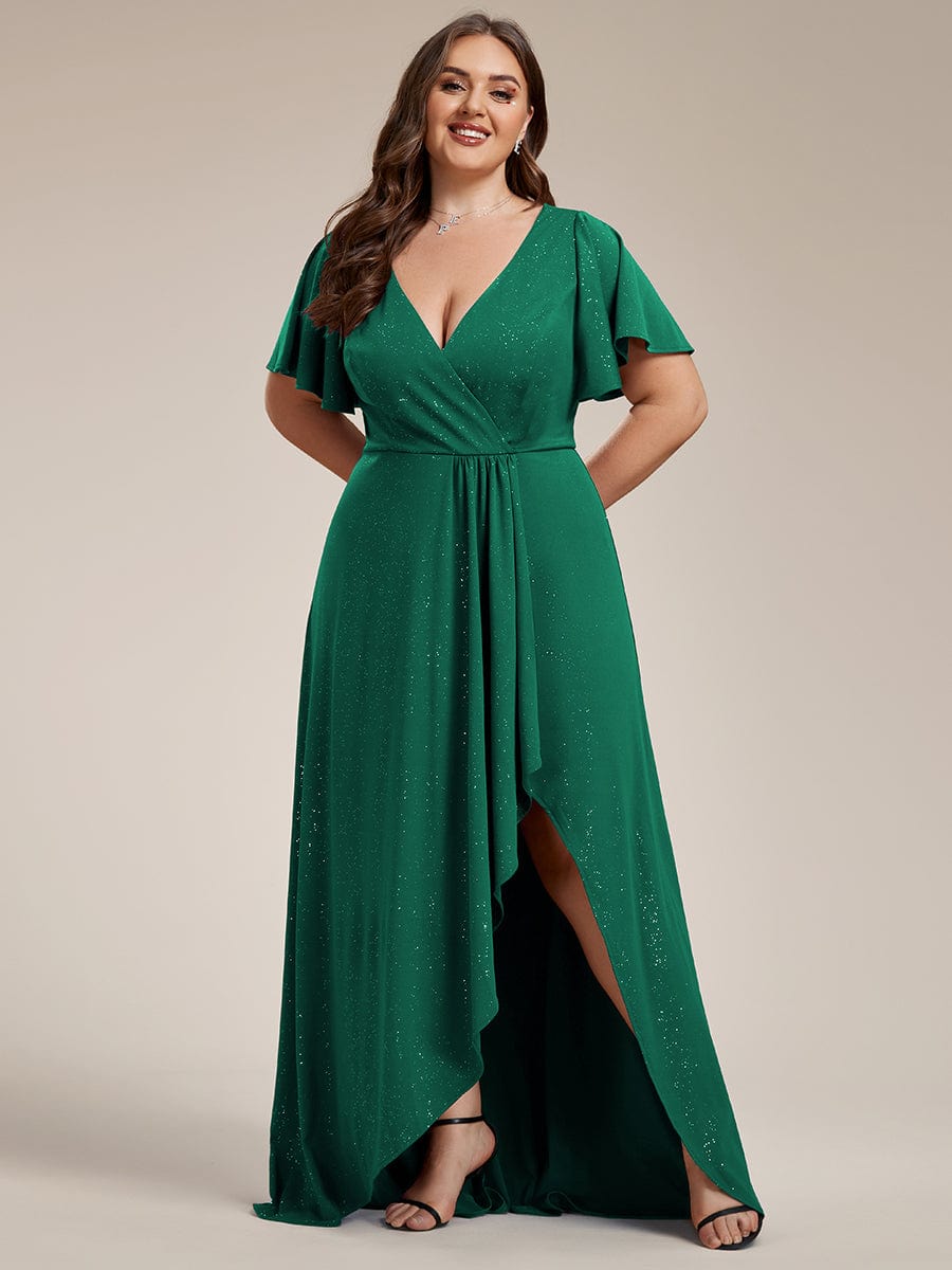 Elegant Plus-Size Shimmering Evening Gown with Split High-Low Hem and Ruffle Sleeves - Image 19