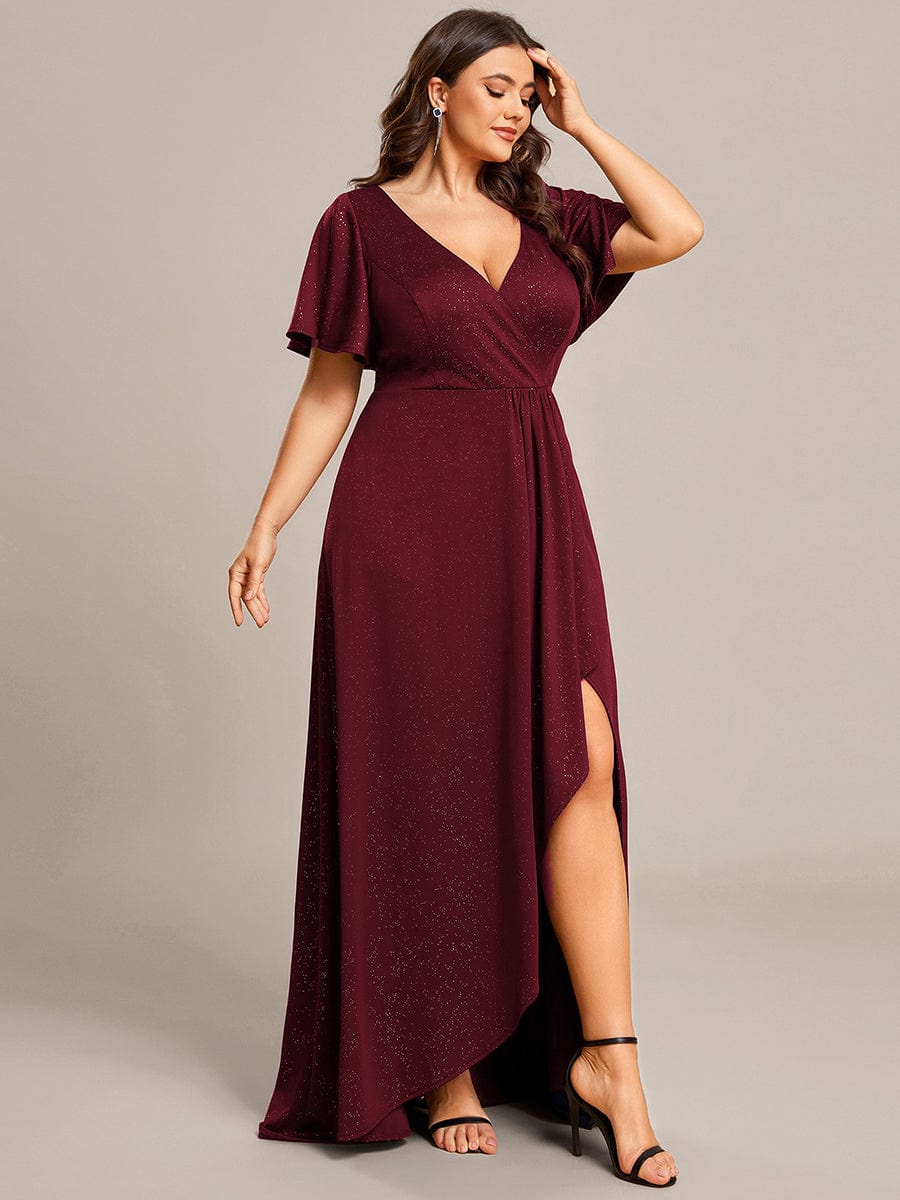 Elegant Plus-Size Shimmering Evening Gown with Split High-Low Hem and Ruffle Sleeves - Image 14