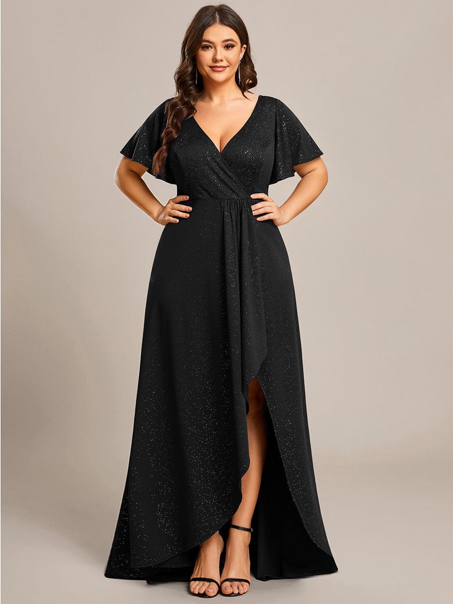 Elegant Plus-Size Shimmering Evening Gown with Split High-Low Hem and Ruffle Sleeves - Image 6