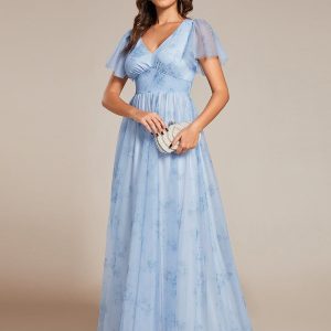 Floral Tulle V-Neck Short Sleeves Wholesale Evening Gown
