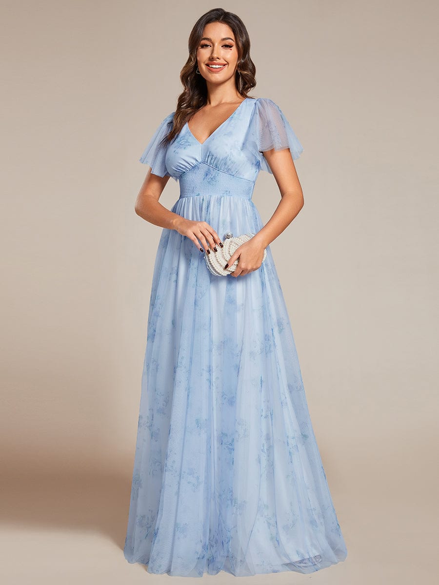 Floral Tulle V-Neck Short Sleeves Wholesale Evening Gown