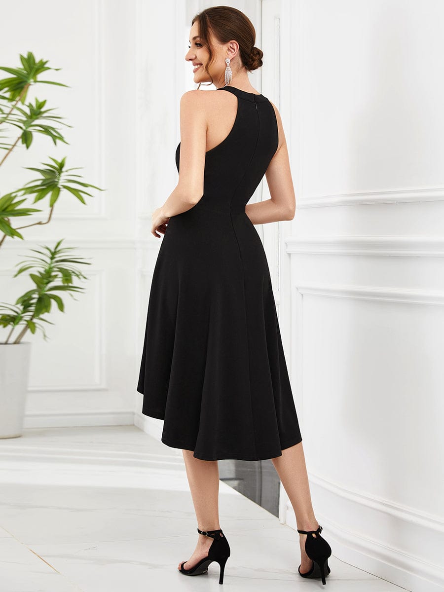 Elegant Round Neck Knee-Length Dress with Asymmetric Hem - Image 7