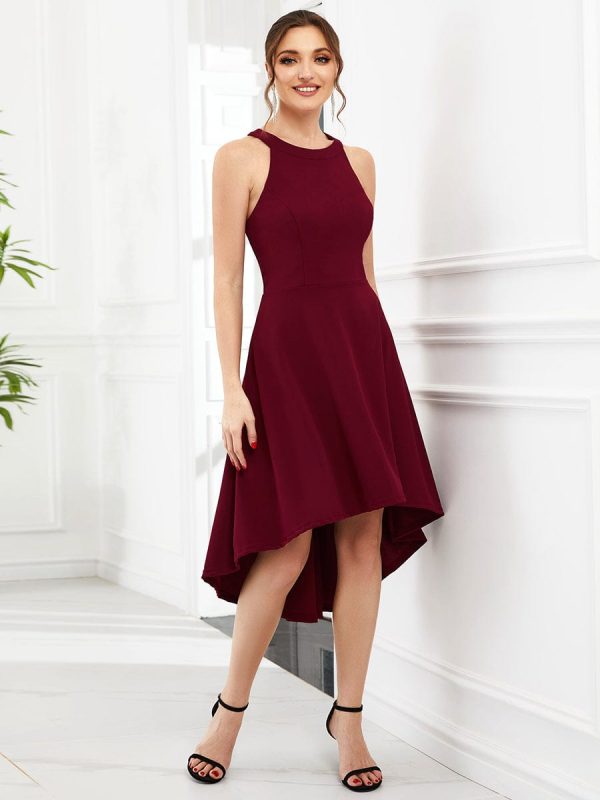 Elegant Round Neck Knee-Length Dress with Asymmetric Hem - Image 4