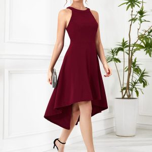 Elegant Round Neck Knee-Length Dress with Asymmetric Hem