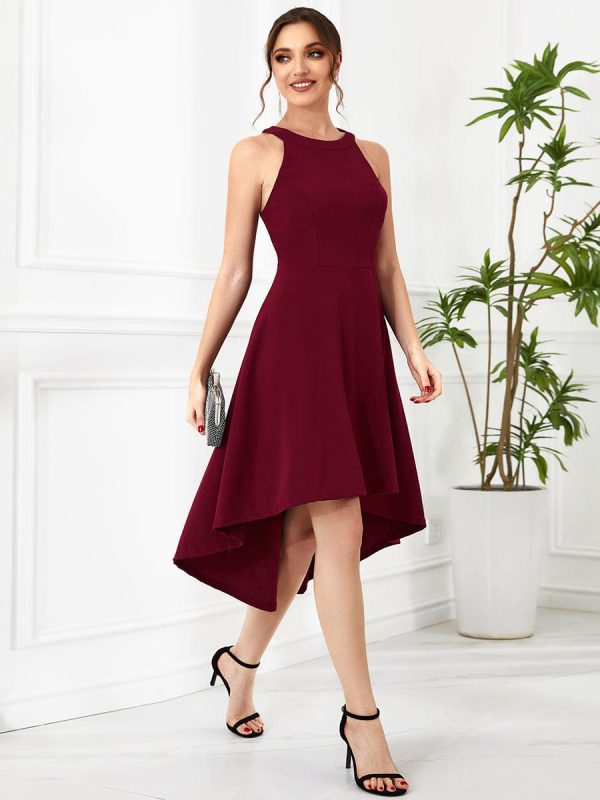 Elegant Round Neck Knee-Length Dress with Asymmetric Hem