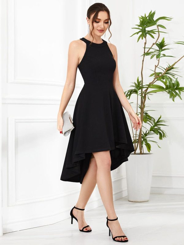 Elegant Round Neck Knee-Length Dress with Asymmetric Hem - Image 8