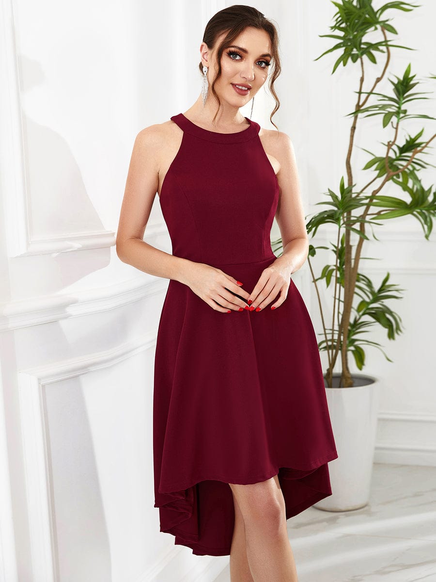 Elegant Round Neck Knee-Length Dress with Asymmetric Hem - Image 3