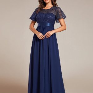 Elegant Sequin Embellished Chiffon Evening Gown with High Waist and Short Sleeves