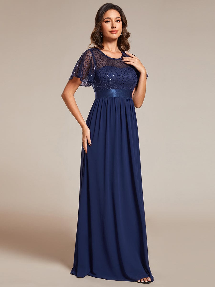 Elegant Sequin Embellished Chiffon Evening Gown with High Waist and Short Sleeves - Image 3