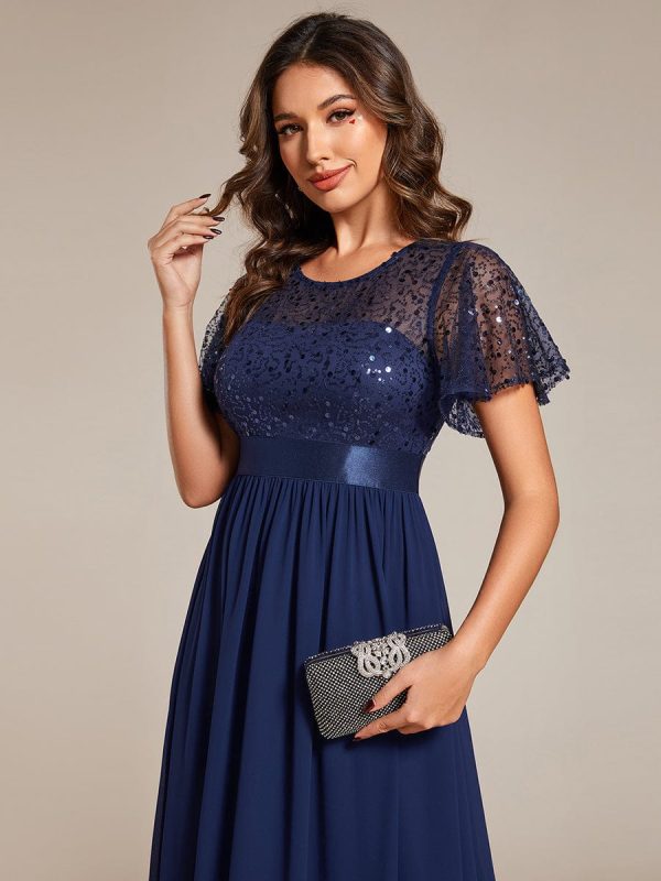 Elegant Sequin Embellished Chiffon Evening Gown with High Waist and Short Sleeves - Image 4