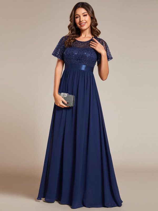 Elegant Sequin Embellished Chiffon Evening Gown with High Waist and Short Sleeves - Image 5