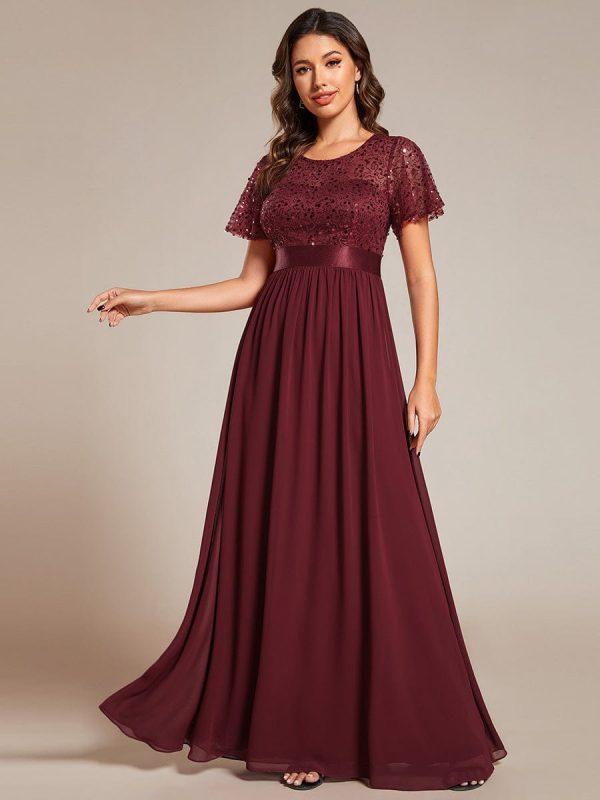 Elegant Sequin Embellished Chiffon Evening Gown with High Waist and Short Sleeves - Image 6