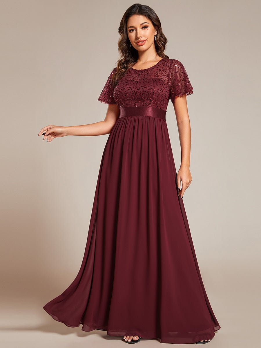 Elegant Sequin Embellished Chiffon Evening Gown with High Waist and Short Sleeves - Image 6