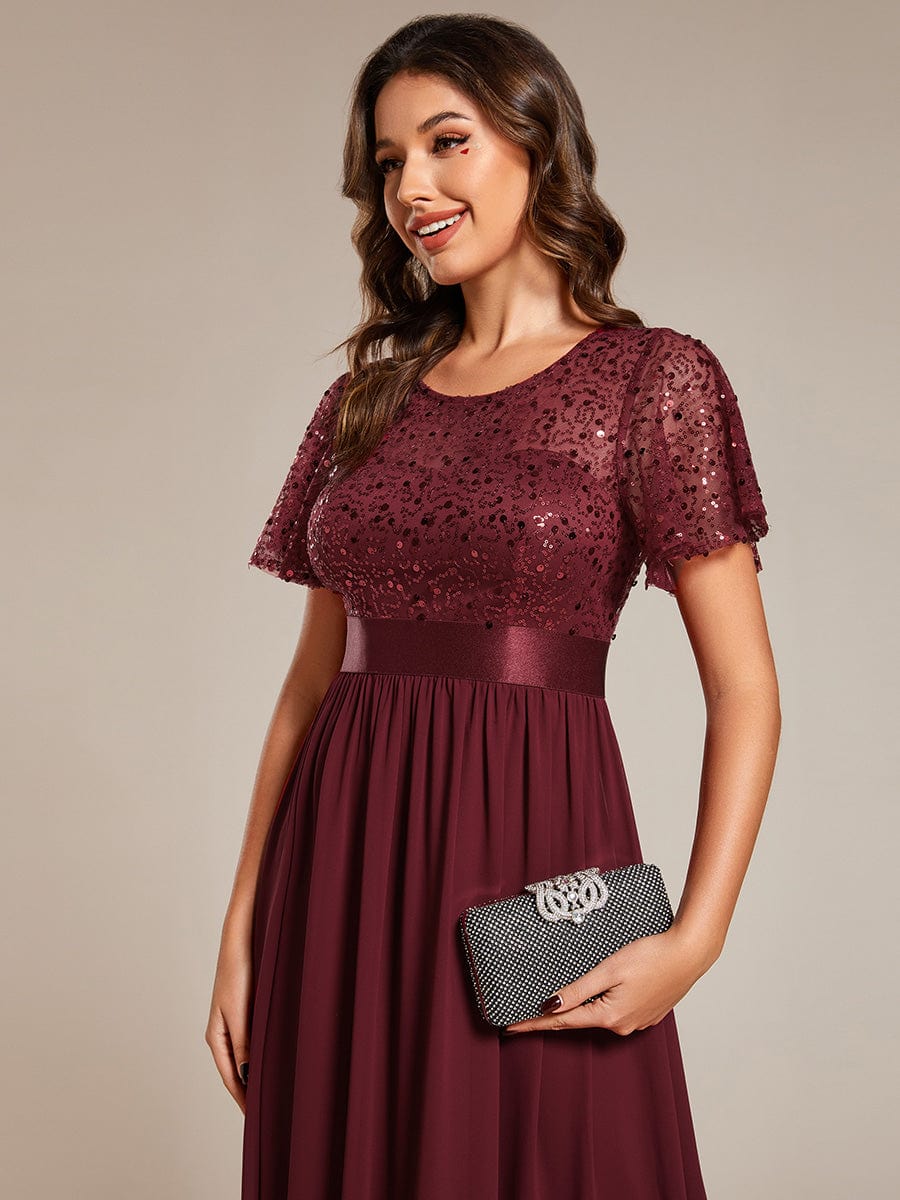 Elegant Sequin Embellished Chiffon Evening Gown with High Waist and Short Sleeves - Image 8