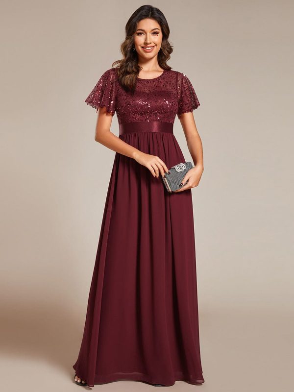 Elegant Sequin Embellished Chiffon Evening Gown with High Waist and Short Sleeves - Image 10