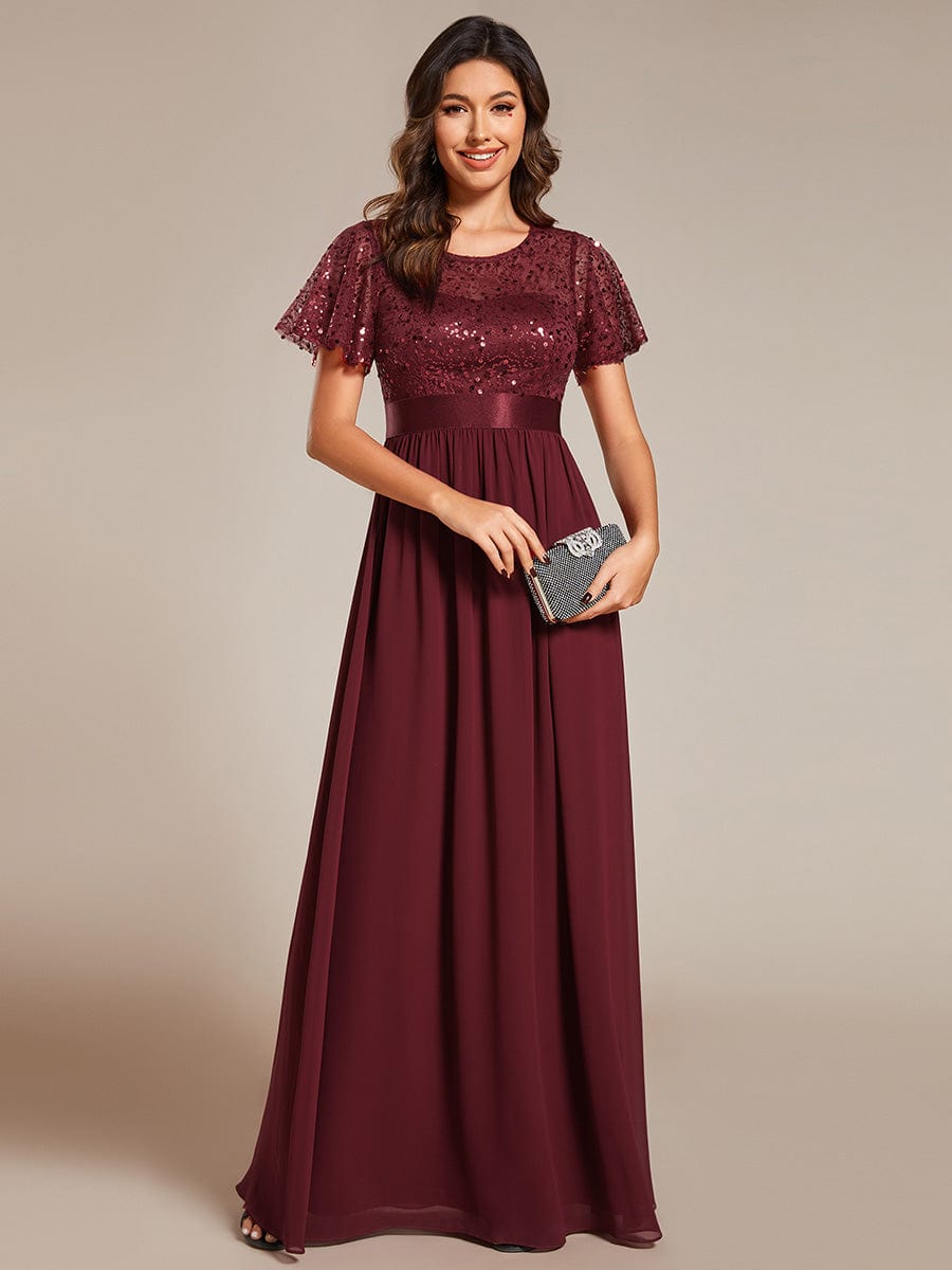 Elegant Sequin Embellished Chiffon Evening Gown with High Waist and Short Sleeves - Image 10
