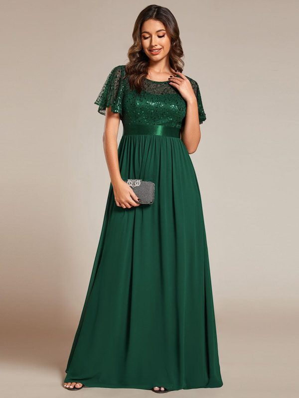 Elegant Sequin Embellished Chiffon Evening Gown with High Waist and Short Sleeves - Image 11