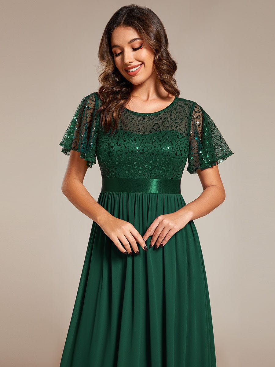 Elegant Sequin Embellished Chiffon Evening Gown with High Waist and Short Sleeves - Image 15