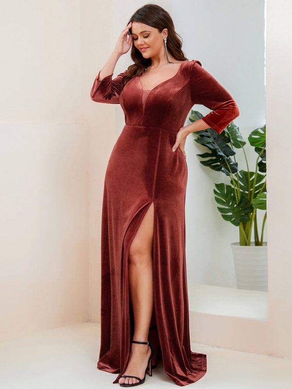 Elegant Shimmering A-Line Long Sleeve Deep V-Neck Evening Gown - Image 3