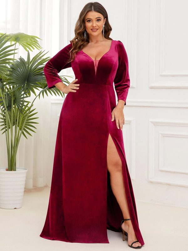 Elegant Shimmering A-Line Long Sleeve Deep V-Neck Evening Gown - Image 14
