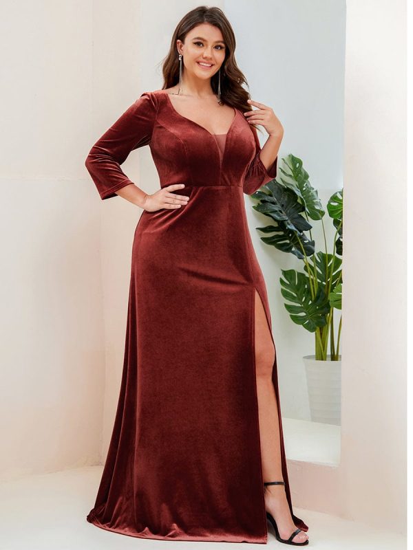 Elegant Shimmering A-Line Long Sleeve Deep V-Neck Evening Gown - Image 4