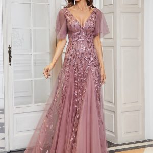 Elegant Shimmery V Neck Evening Gown with Ruffle Sleeves