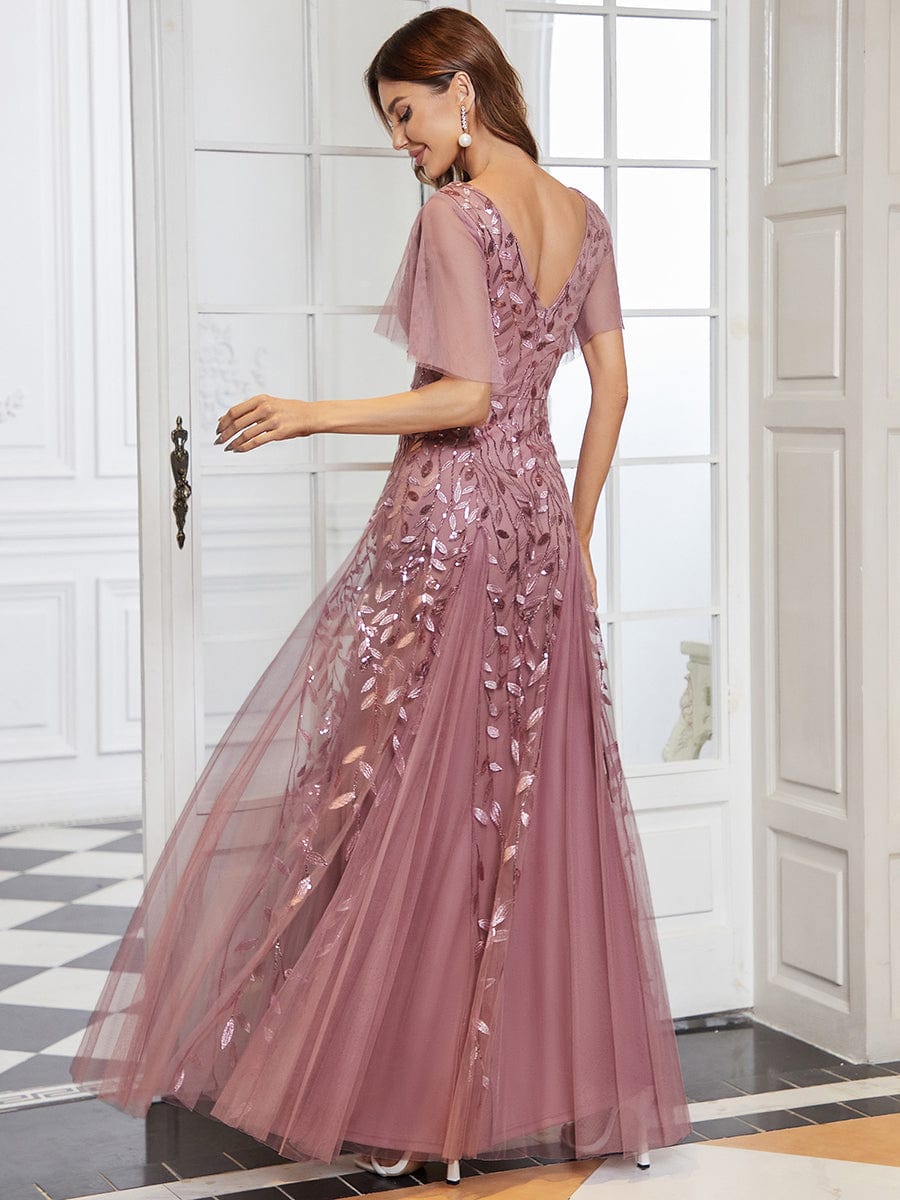 Elegant Shimmery V Neck Evening Gown with Ruffle Sleeves - Image 2