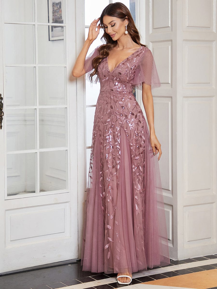 Elegant Shimmery V Neck Evening Gown with Ruffle Sleeves - Image 3