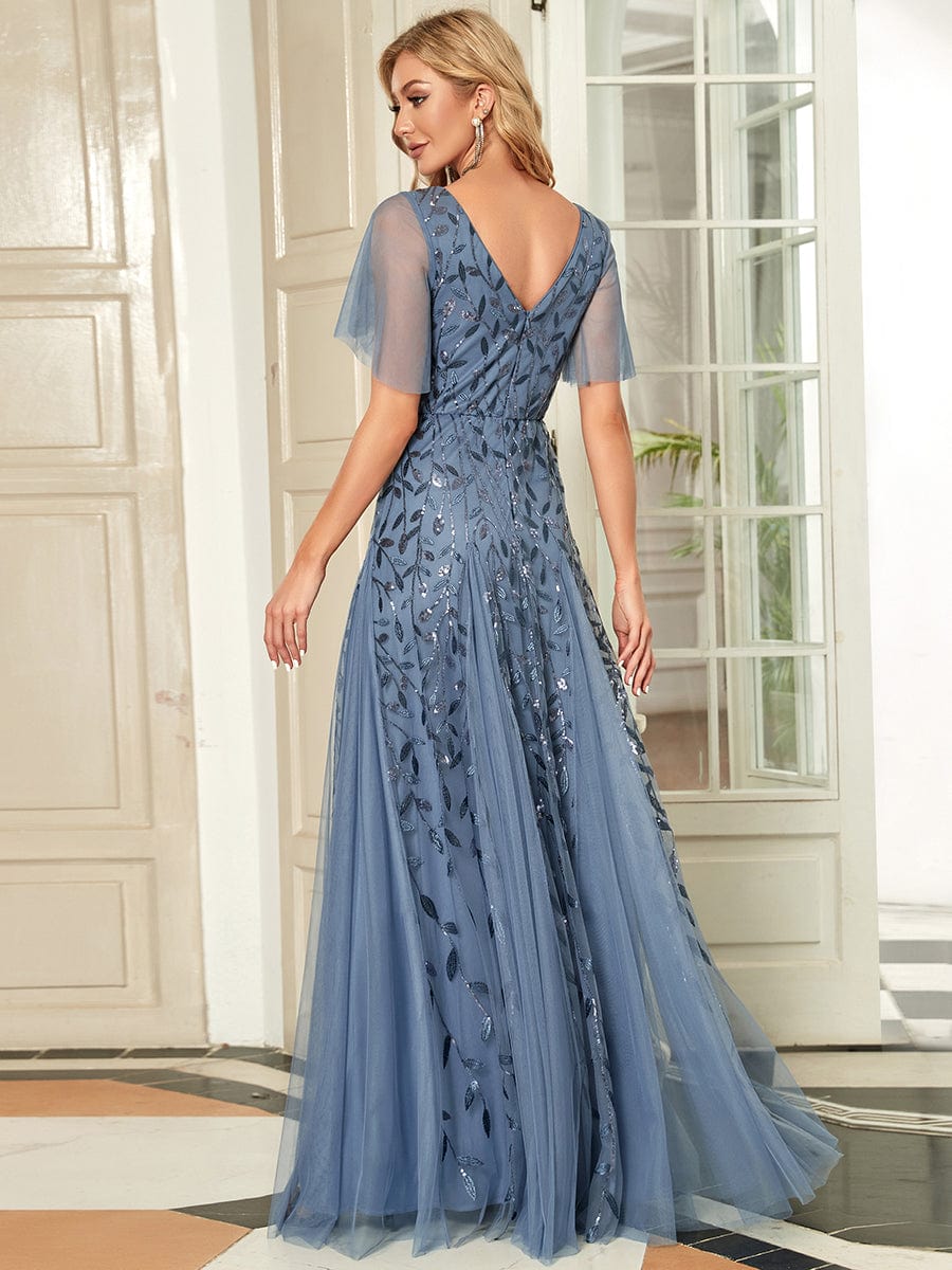 Elegant Shimmery V Neck Evening Gown with Ruffle Sleeves - Image 7