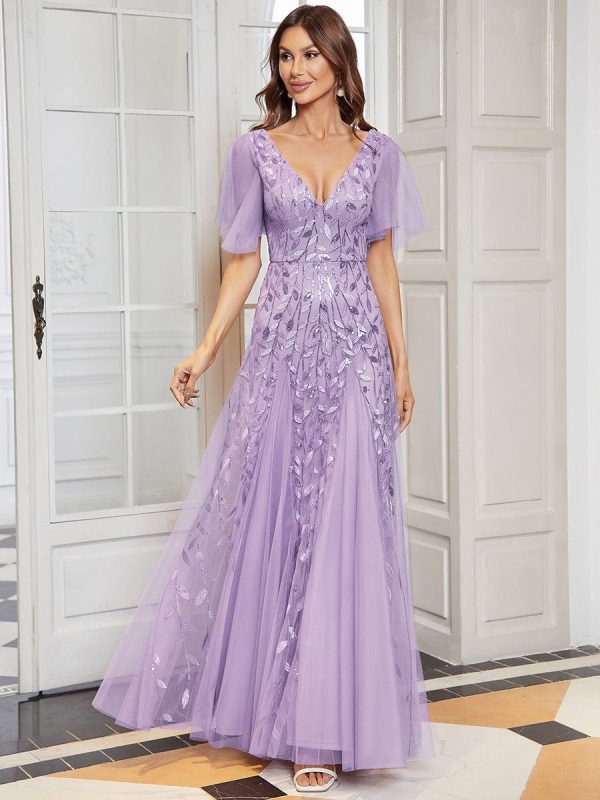 Elegant Shimmery V Neck Evening Gown with Ruffle Sleeves - Image 11