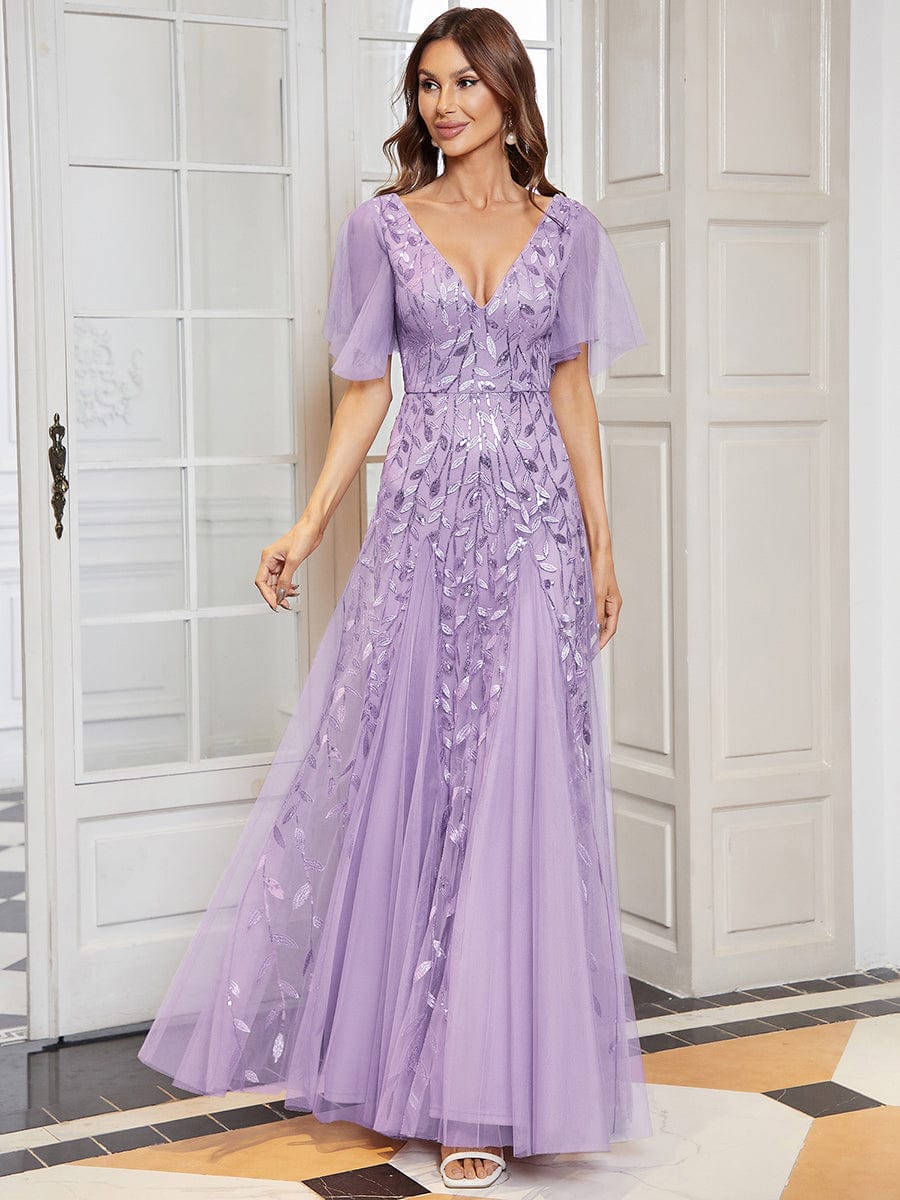 Elegant Shimmery V Neck Evening Gown with Ruffle Sleeves - Image 11
