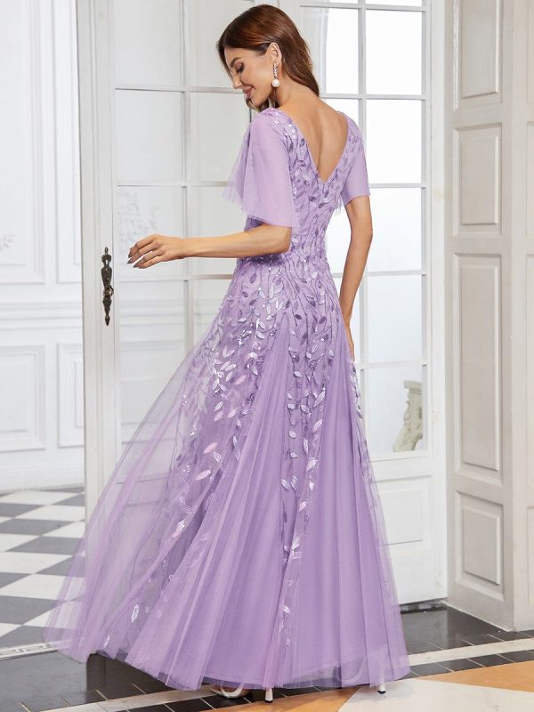 Elegant Shimmery V Neck Evening Gown with Ruffle Sleeves - Image 13