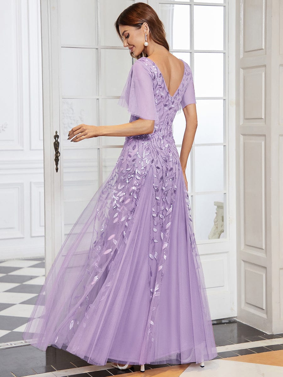 Elegant Shimmery V Neck Evening Gown with Ruffle Sleeves - Image 13