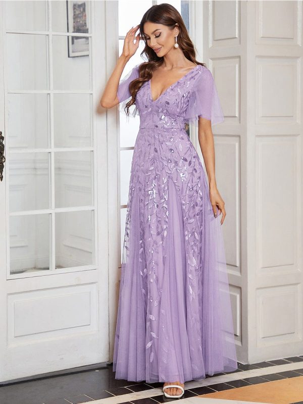 Elegant Shimmery V Neck Evening Gown with Ruffle Sleeves - Image 12