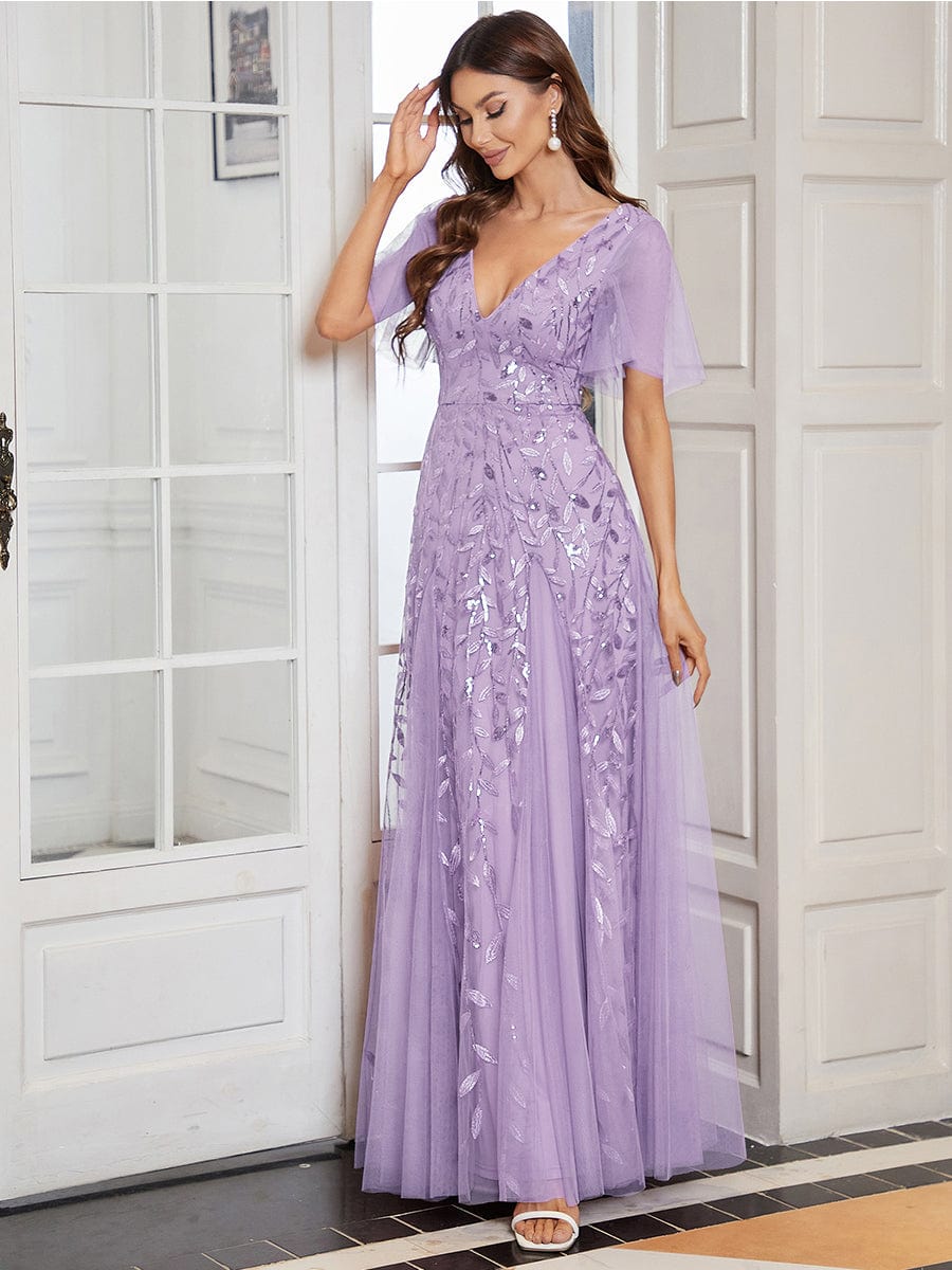 Elegant Shimmery V Neck Evening Gown with Ruffle Sleeves - Image 12