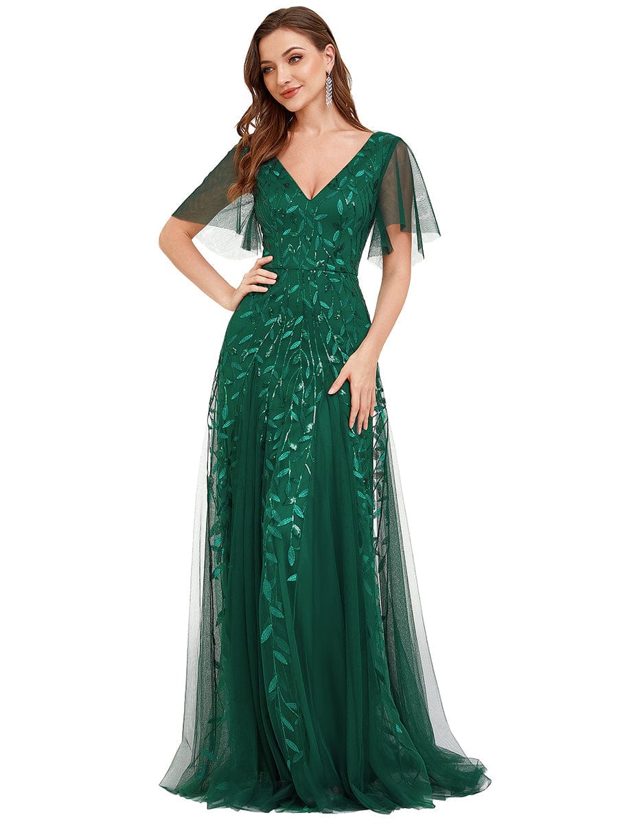 Elegant Shimmery V Neck Evening Gown with Ruffle Sleeves - Image 16