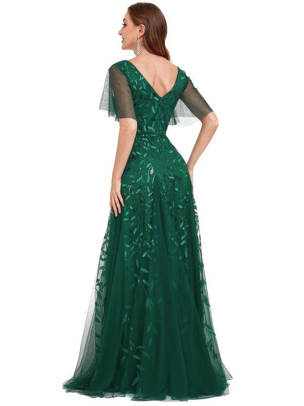 Elegant Shimmery V Neck Evening Gown with Ruffle Sleeves - Image 17